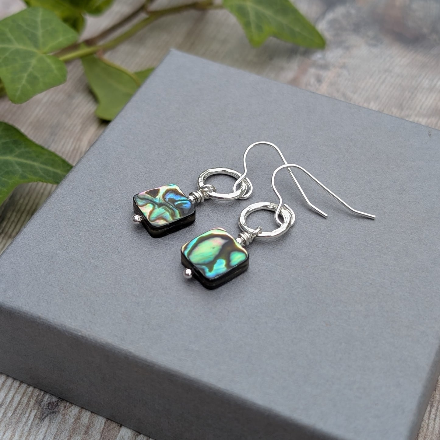 Silver Hammered Circle Earrings with Abalone Shell Beads displayed on a grey box with green leaves in the background