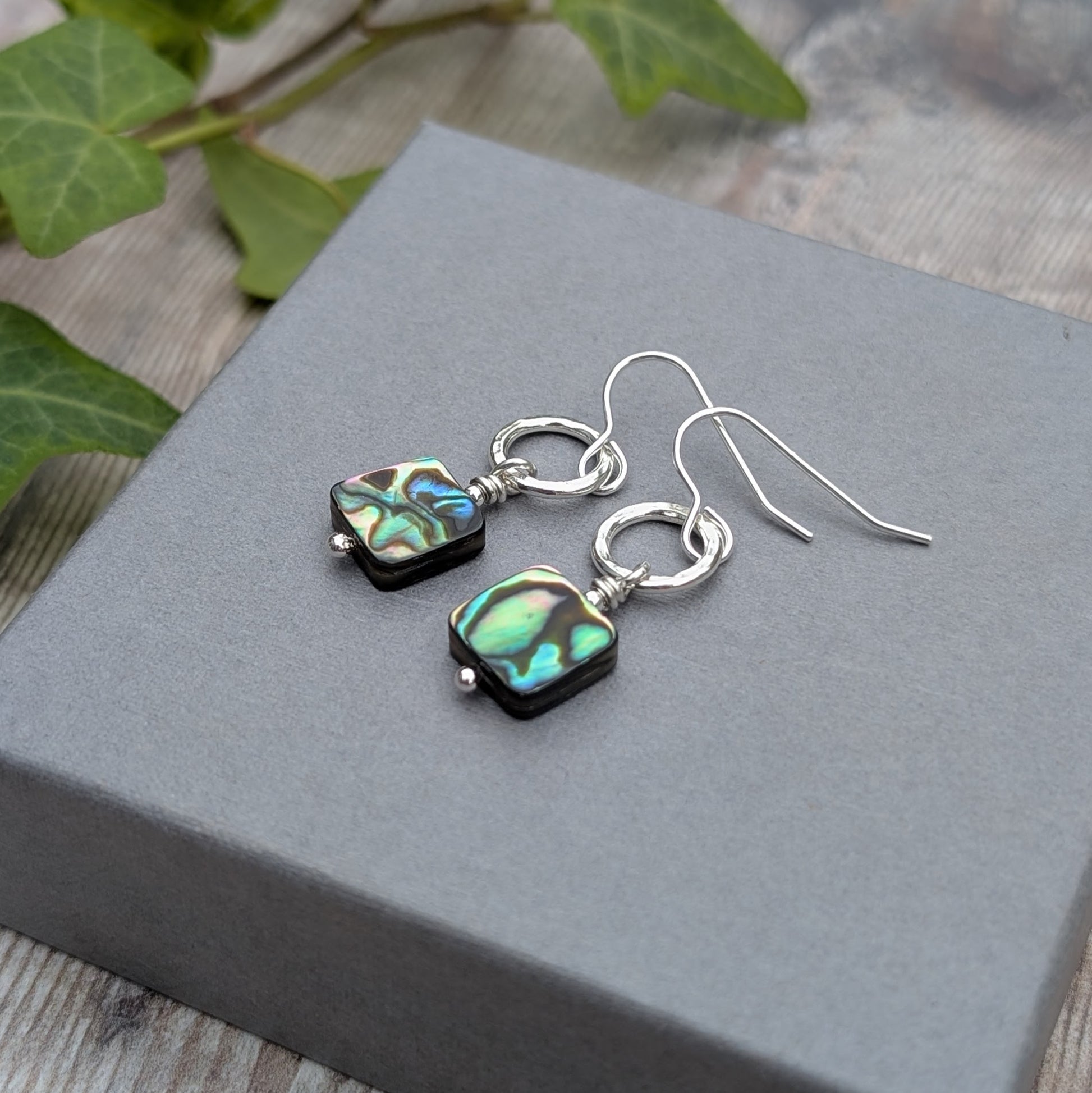 Silver Hammered Circle Earrings with Abalone Shell Beads displayed on a grey box with green leaves in the background