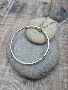 Sterling Silver Long Hammered Circle Necklace