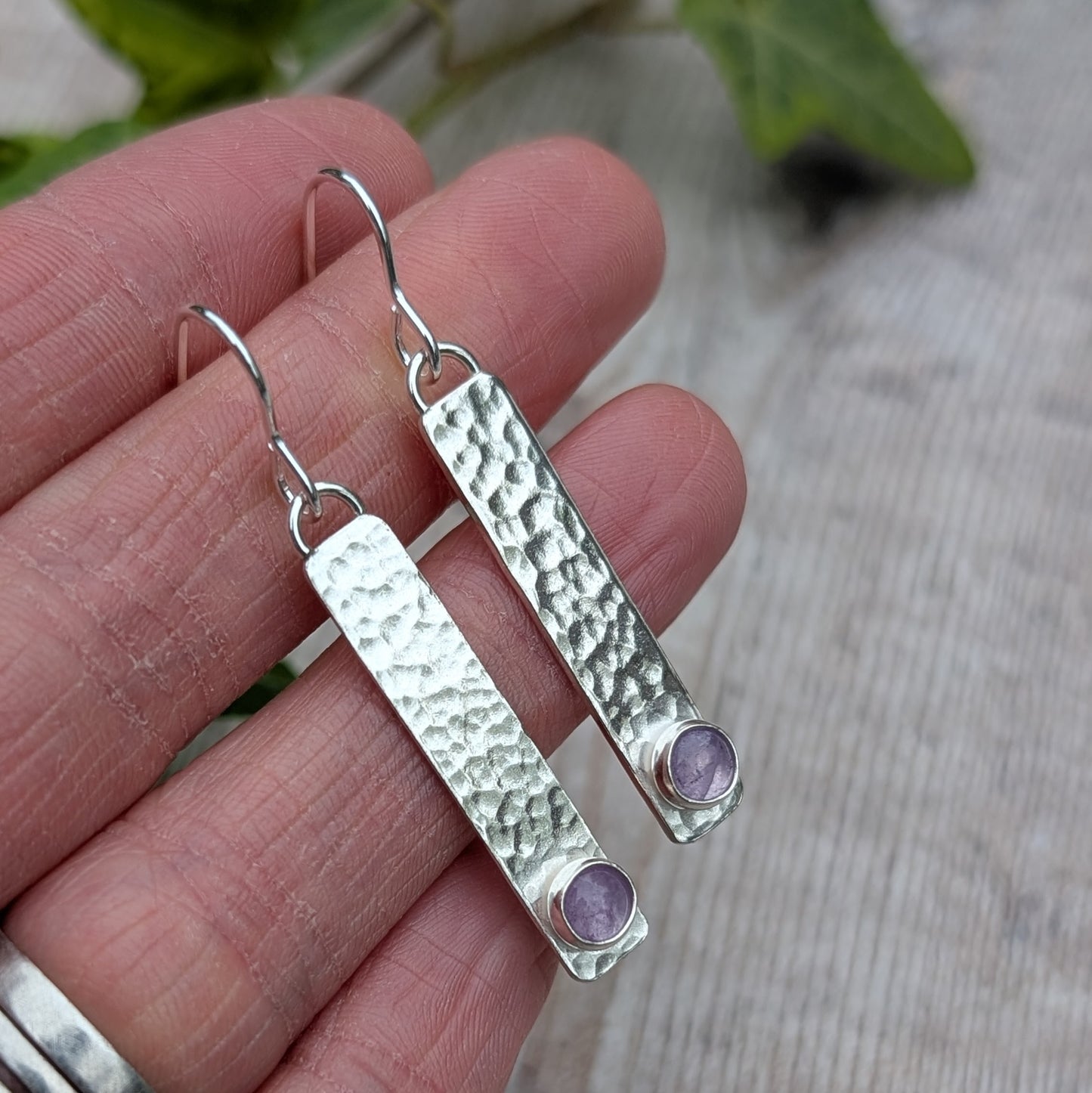 Close-up of Silver Hammered Rectangle Earrings with Lavender Amethyst showing hammered surface and soft purple stones