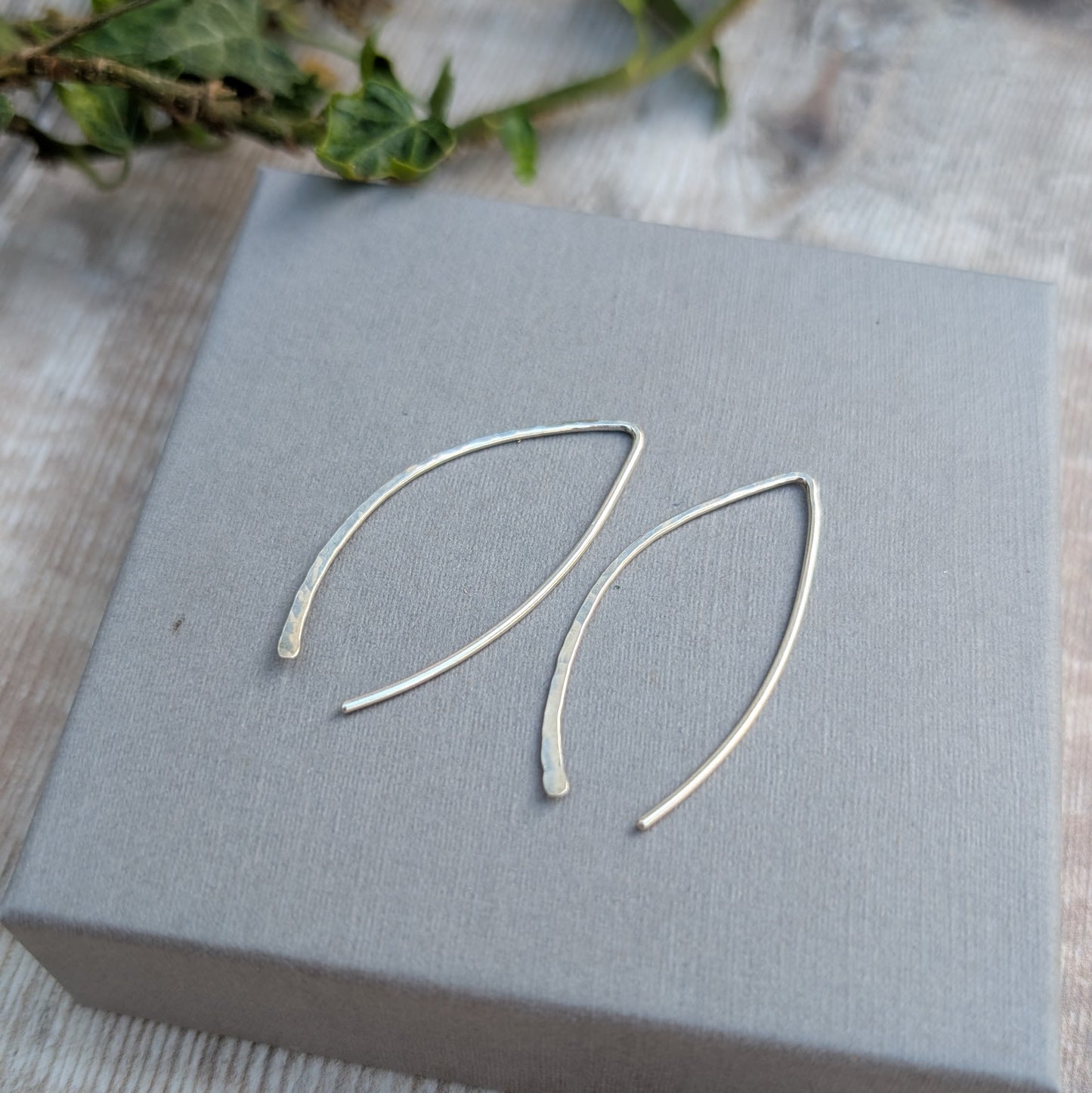 Silver Large Threader Earrings handmade from recycled sterling silver, displayed on a grey jewellery box with a soft natural background.