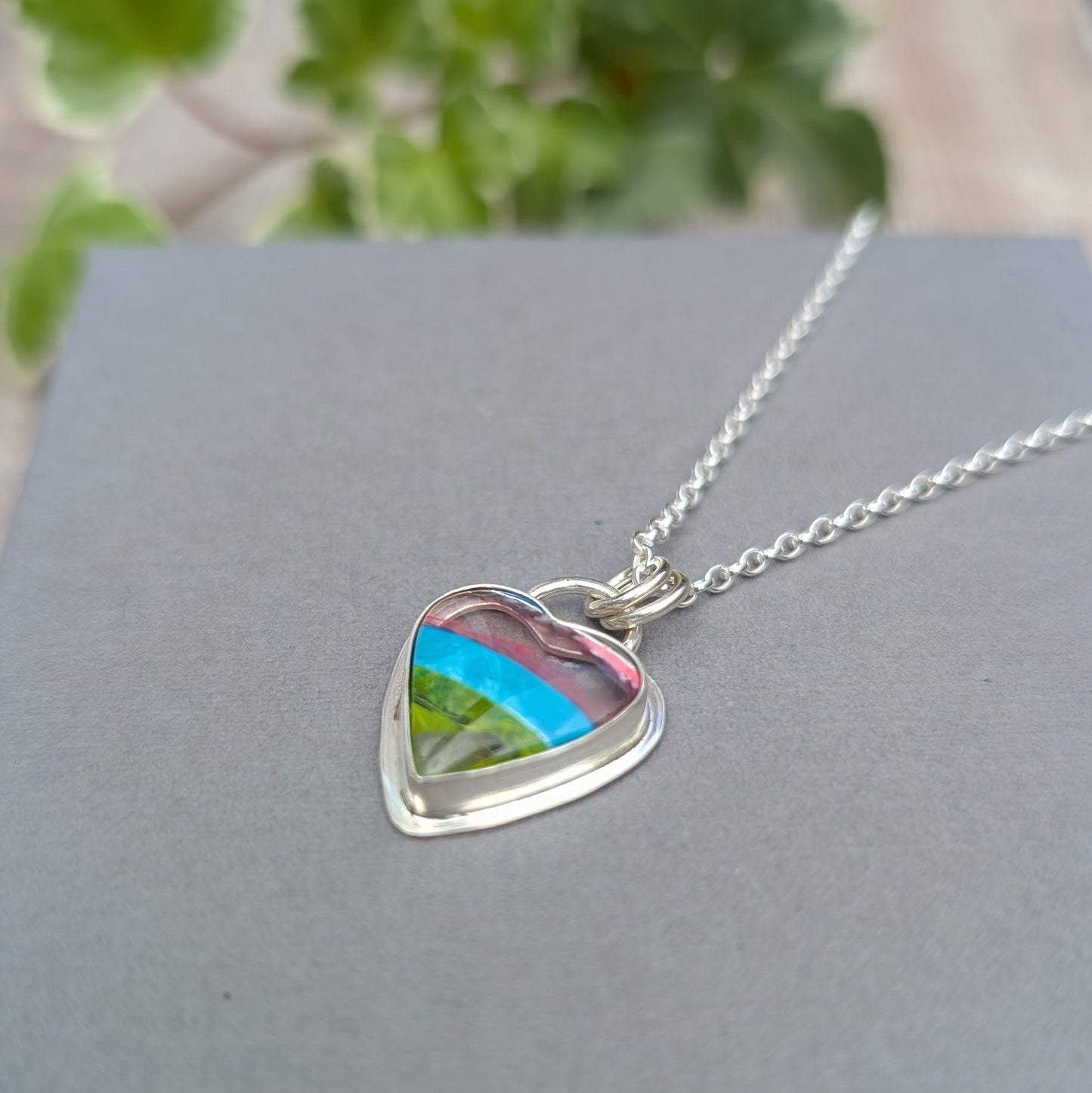 Silver Multicoloured Surfite Heart Necklace handmade from recycled Sterling Silver with a colourful pink, blue and green Surfite heart pendant.