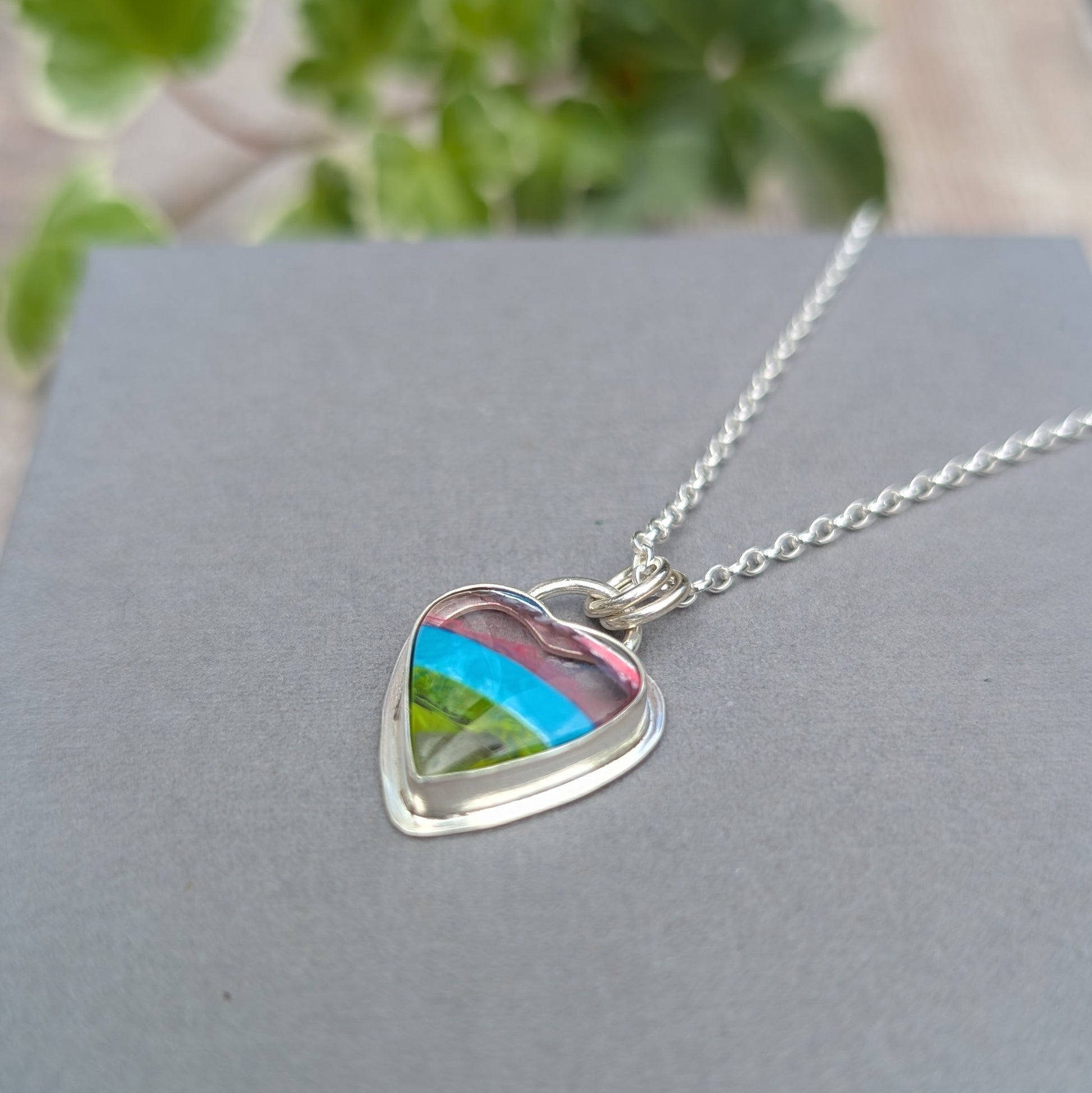 Silver Multicoloured Surfite Heart Necklace handmade from recycled Sterling Silver with a colourful pink, blue and green Surfite heart pendant.