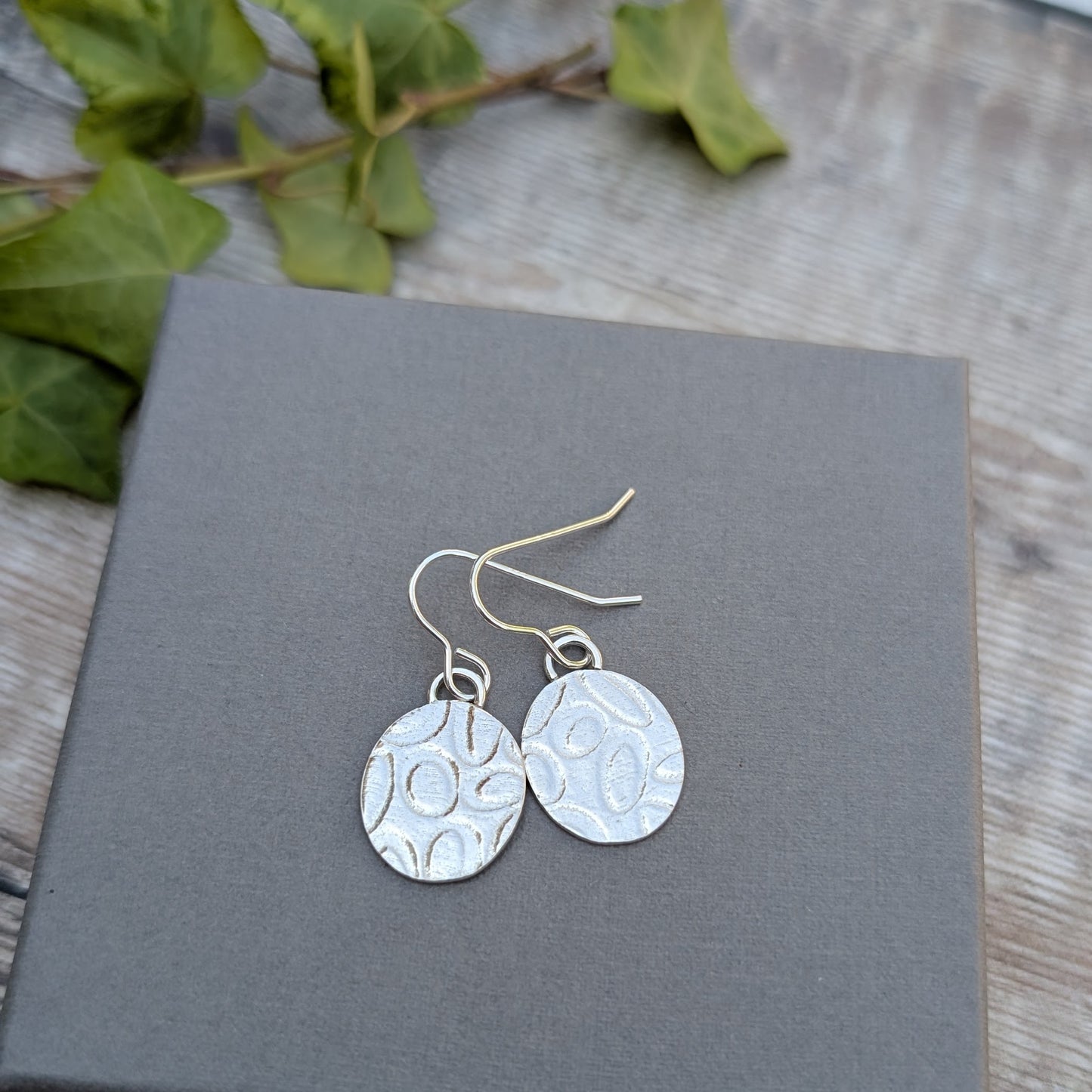 Silver Oval Disc Earrings with Oval Pattern placed on a grey box with green leaves in the background