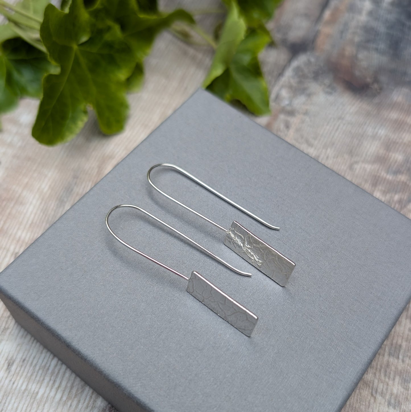 Top view of Silver Rectangle Earrings with Cracked Earth Pattern on display box with greenery in background