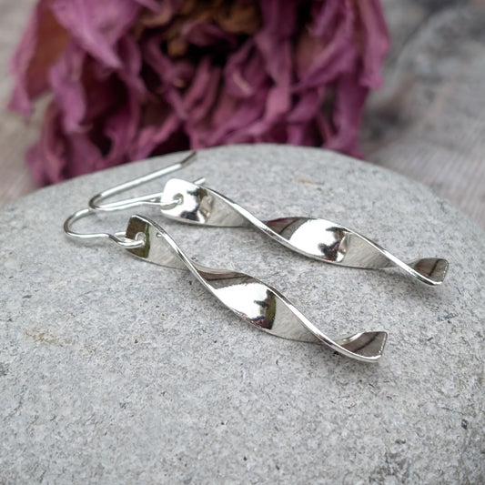 Pair of long, twisted silver earrings with a polished finish displayed on a smooth grey stone, with dried purple flowers blurred in the background.