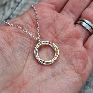 Sterling Silver and Gold Three Linked Ring Necklace