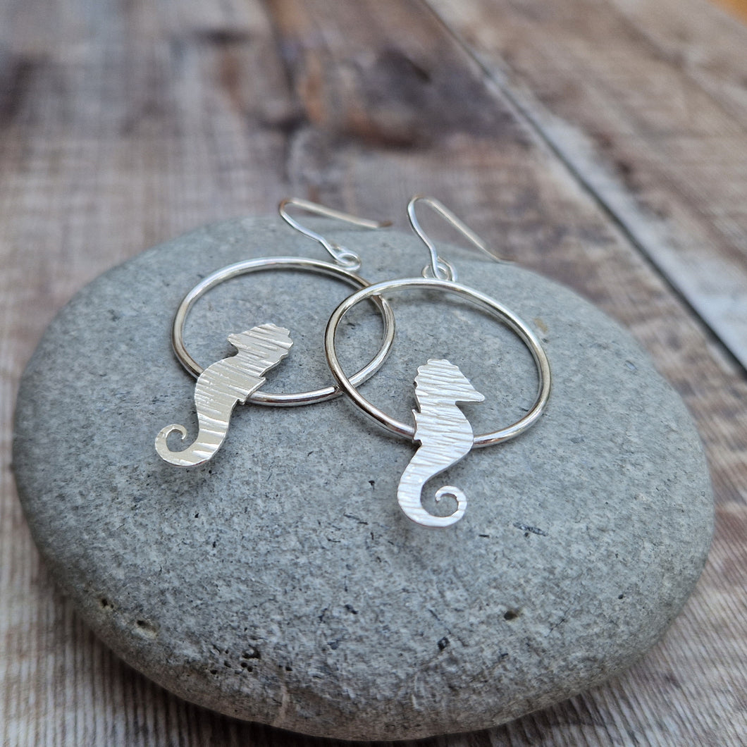 Sterling Silver Sea Horse Circle Earrings - SAMPLE