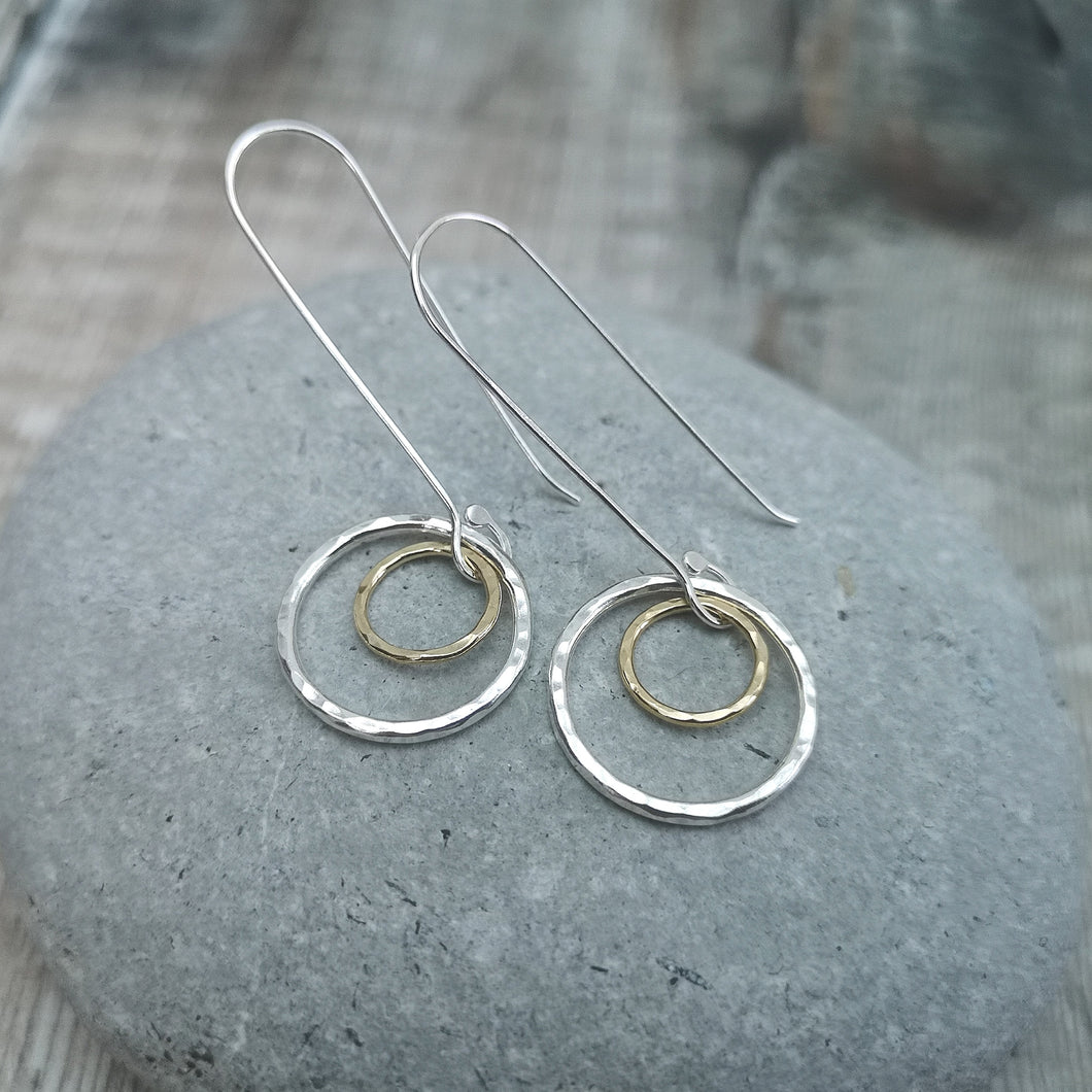 Sterling Silver and Gold Long Two Circle Earrings